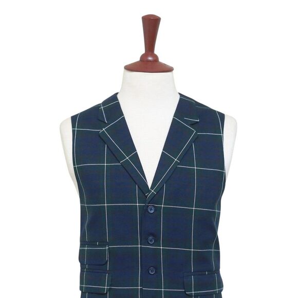 Mens Vest 44R Tartan Plaid Wool Blue Green White Lapel Waistcoat Formal Wedding - Picture 4 of 9